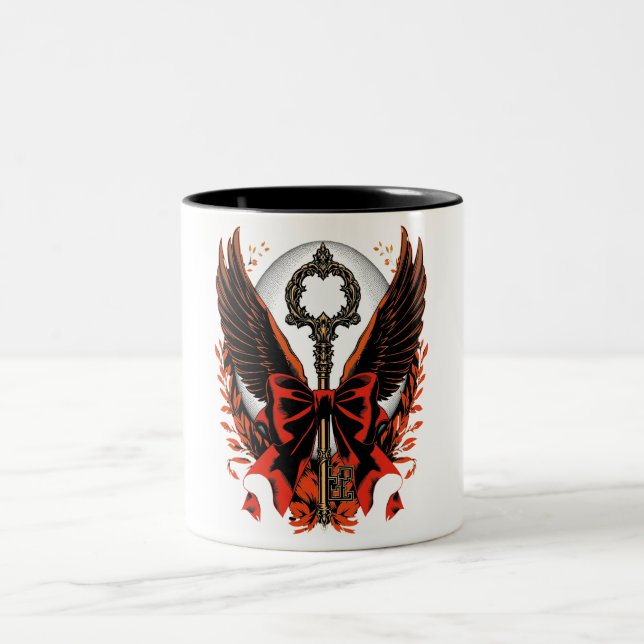 Gotischer Velvet-Bow-Schlüssel mit Flügeln & Mond Zweifarbige Tasse (Mittel)