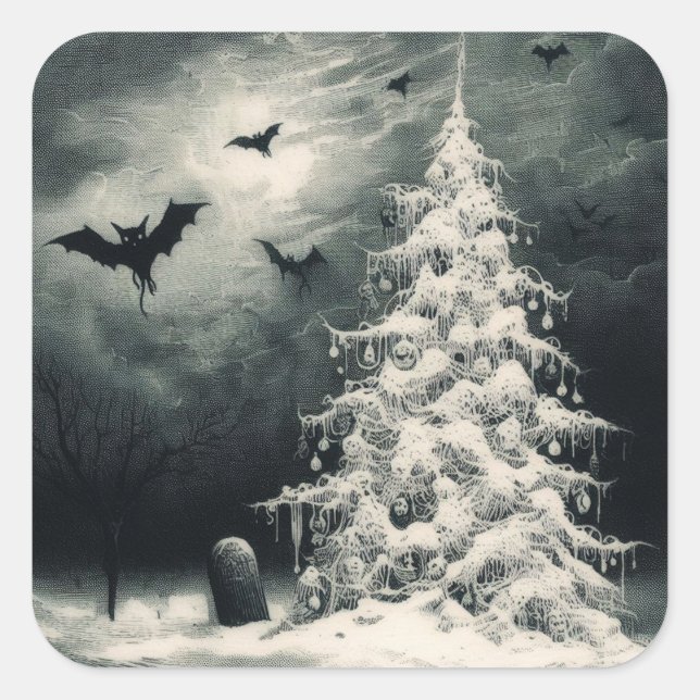 Gotischer Weihnachtsbaum mit Spooky Bats Horror Quadratischer Aufkleber (Vorderseite)