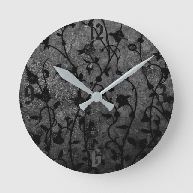 Gotisches antikes Schwarzweiss-Blumen Runde Wanduhr (Vorderseite)