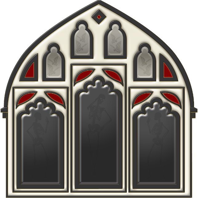 Gotisches Fenster mit Skeletten und Fledermäusen a Duschvorhang (Look in glass panes to see the bats and skeletons.
)