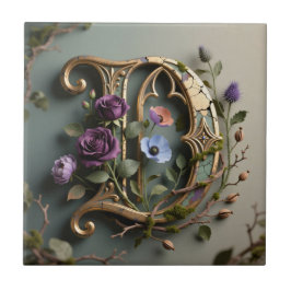 Gotisches florales Patina-Goldbuchstabe D Fliese