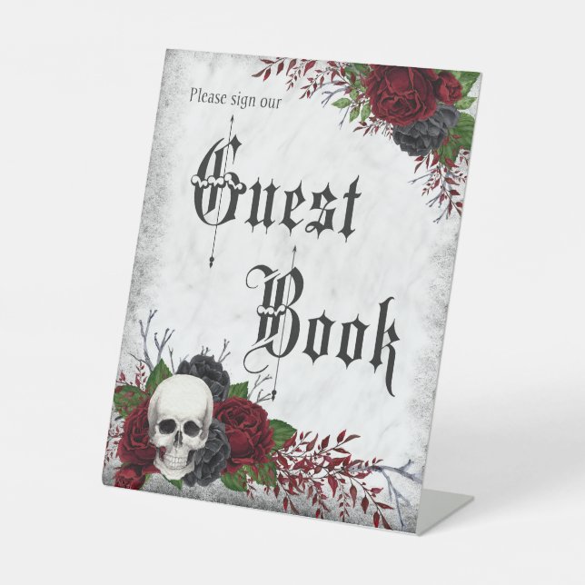 Gotisches Gästebuchzeichen mit Skull und Rose Sockelschild (Vorderseite)