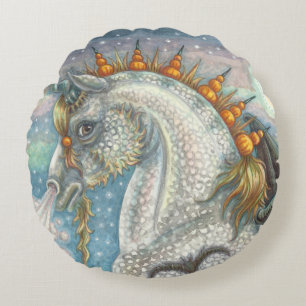 GOTISCHES HALLOWEEN-EINHORN MIT FLEDERMAUSFLÜGELN, RUNDES KISSEN