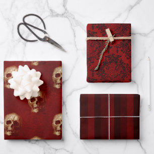 Gotisches Halloween: Rote Streifen, Schädel und Da Geschenkpapier Set