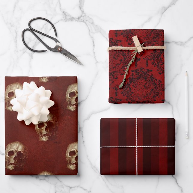 Gotisches Halloween: Rote Streifen, Schädel und Da Geschenkpapier Set (Vorderseite)