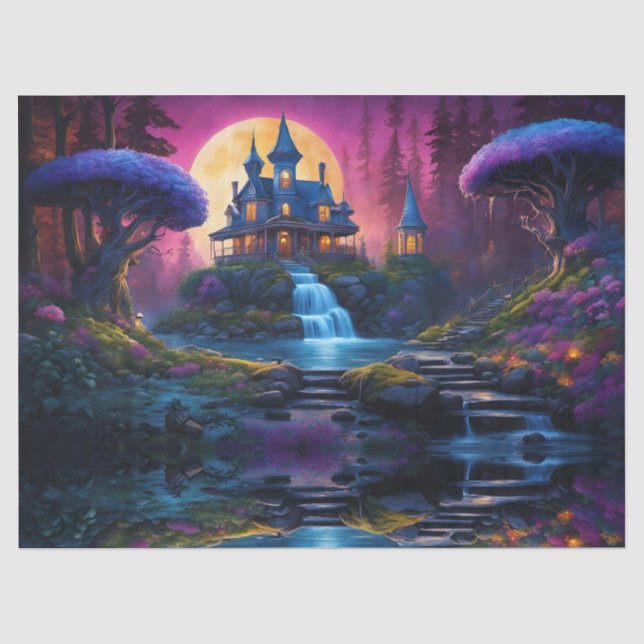 Gotisches Haus auf dem Hügel mit Wasserfällen Seidenpapier (Vorderseite)