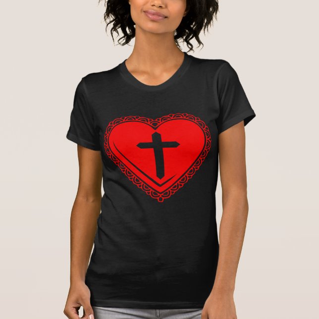 Gotisches Herz u. Kreuz (rot) T-Shirt (Vorderseite)