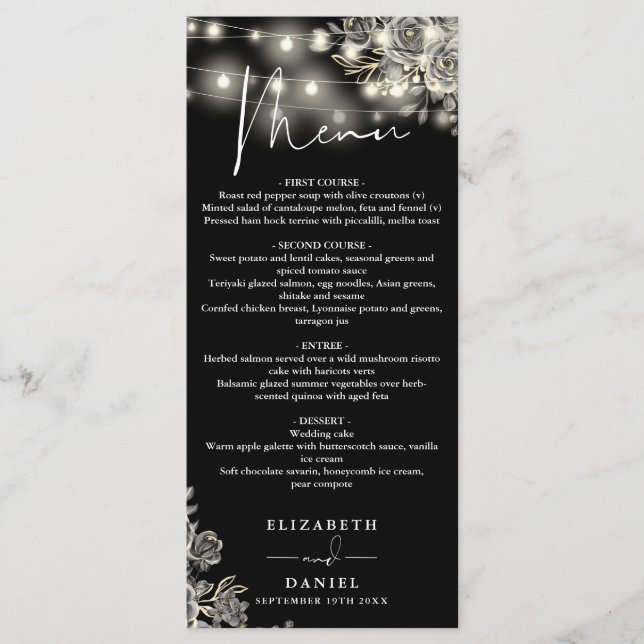 Gotisches Hochzeitsessen in Schwarz und Weiß Menükarte (Vorderseite)
