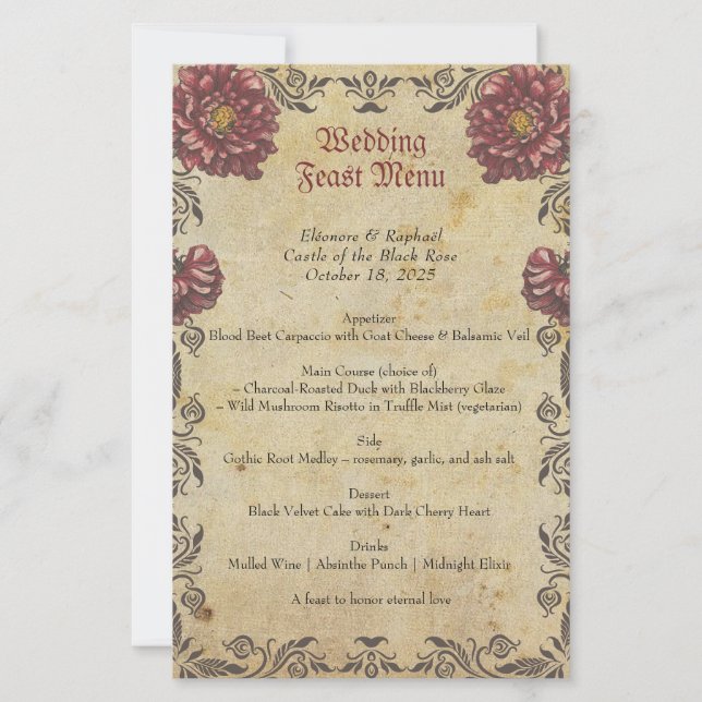 Gotisches Hochzeitsmenü mit dunklen Blumen und Vin (Vorderseite)