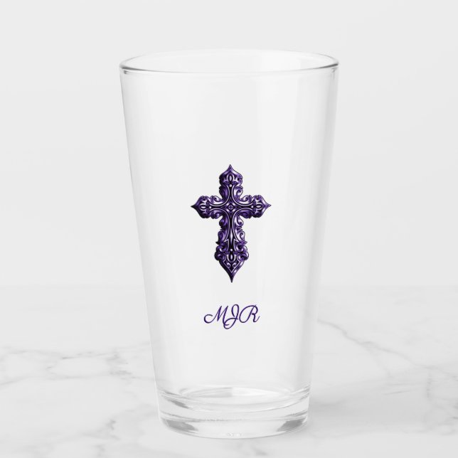 Gotisches Kreuz in Lila Form mit Monogramm Glas (Vorderseite)