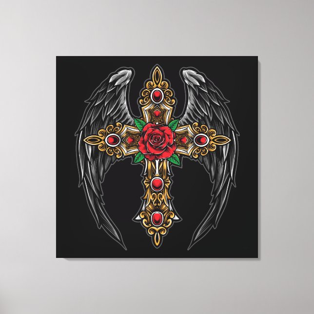 Gotisches Kreuz mit Blume und Flügeln Leinwanddruck (Vorderseite)