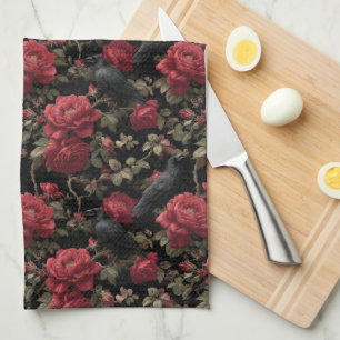 Gotisches Muster mit Rote Rosen und Krähen Geschirrtuch