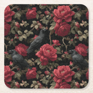 Gotisches Muster mit Rote Rosen und Krähen Rechteckiger Pappuntersetzer