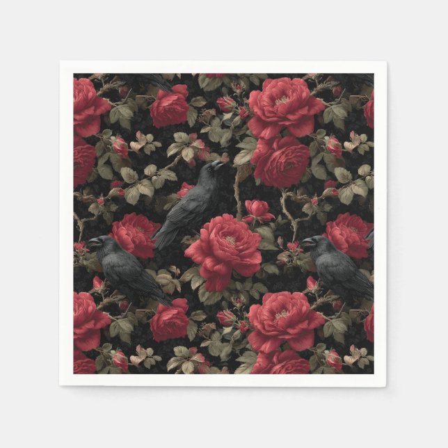 Gotisches Muster mit Rote Rosen und Krähen Serviette (Vorderseite)
