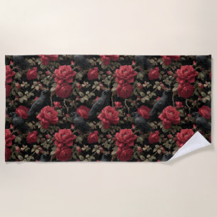Gotisches Muster mit Rote Rosen und Krähen Strandtuch