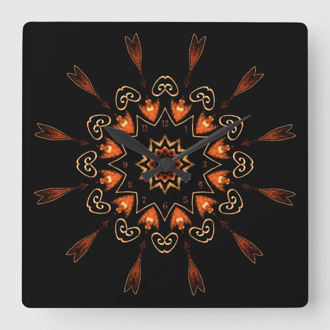 gotisches Orange und Viktorianische schwarze Filig Quadratische Wanduhr (Vorderseite)