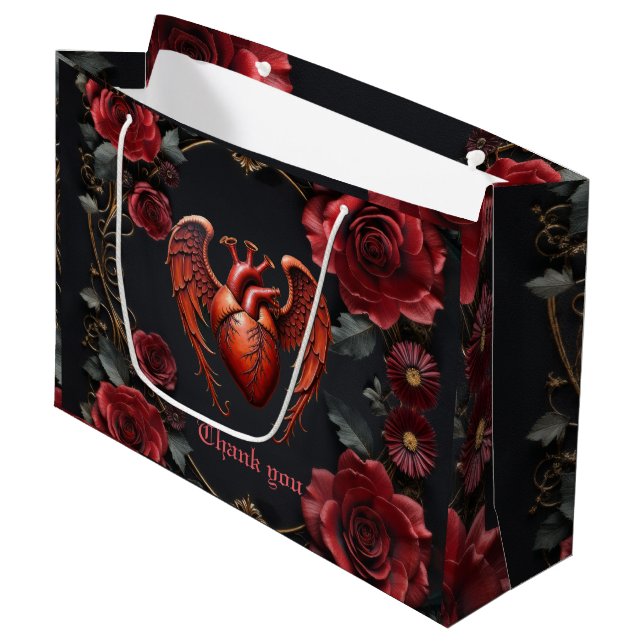 Gotisches Rotes Herz mit Rose - Dunkle Romantik Große Geschenktüte (Vorderseite Schrägansicht)