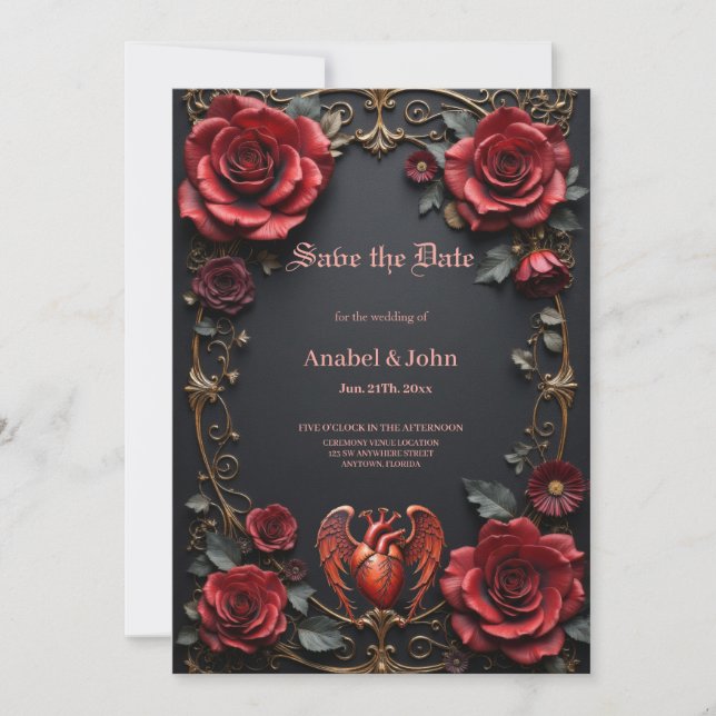 Gotisches Rotes Herz mit Rose - Dunkle Romantik Save The Date (Vorderseite)
