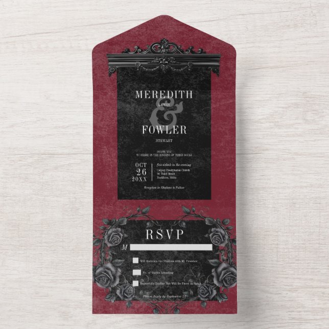 Gotisches Schwarzes Border 2 & Schwarze Rose Wein  All In One Einladung (Innen Boden)
