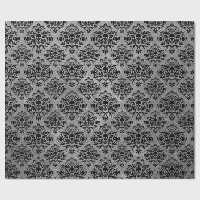 Gotisches schwarzes Schädel-Schmutz-Damast-Muster Geschenkpapier (Flach)