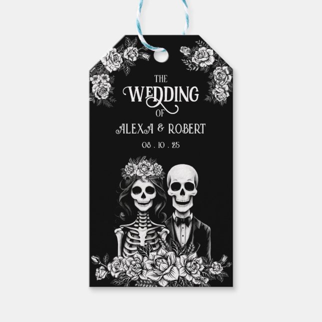 Gotisches Skelett Hochzeitspaar Geschenk Tag Geschenkanhänger (Vorderseite)