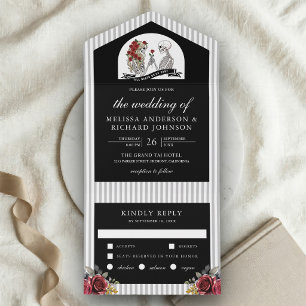 Gotisches Skelett-Paar Rosen Schwarze Hochzeit All In One Einladung