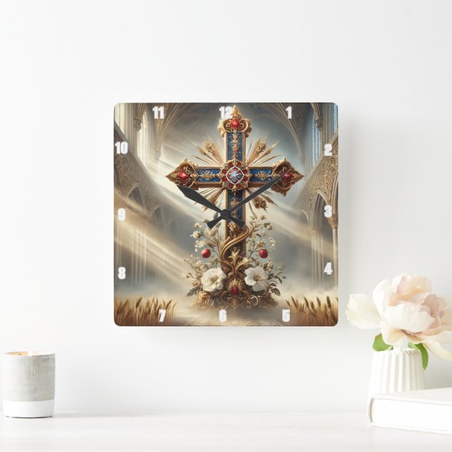 gotisches Verziertes Kreuz Quadratische Wanduhr (Zuhause)