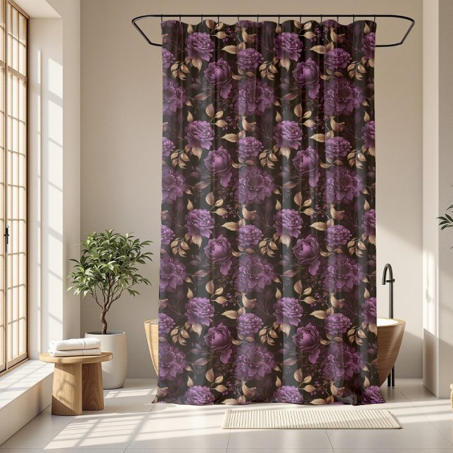 Gotisches Violett und dunkles botanisches Muster a Duschvorhang (Gothic Violet And Gold Dark Botanical Pattern Shower Curtain)