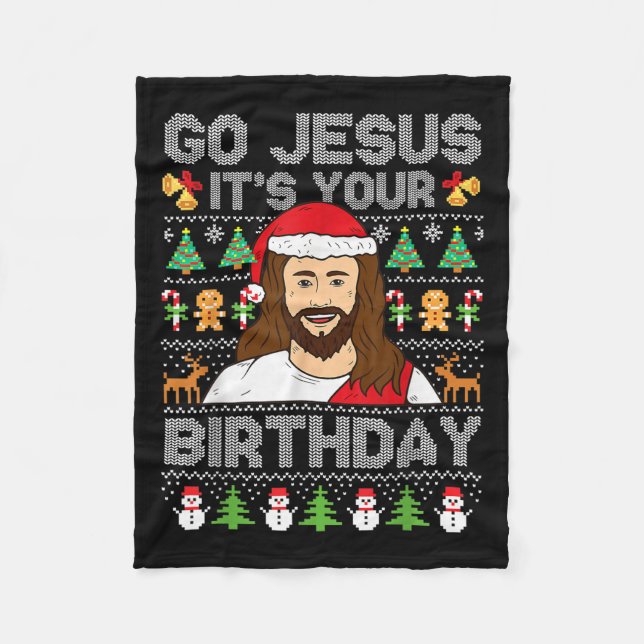 Gott, es ist dein Geburtstag Ugly Weihnachtskraut Fleecedecke (Vorderseite)
