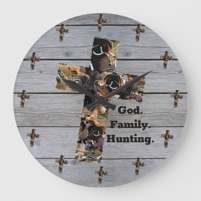 Gott, Familie, Jagdkreuz Christlich Große Wanduhr (Vorderseite)
