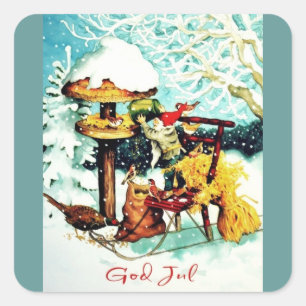 "Gott Jul!" Nisse füttert kleine Vögel Quadratischer Aufkleber