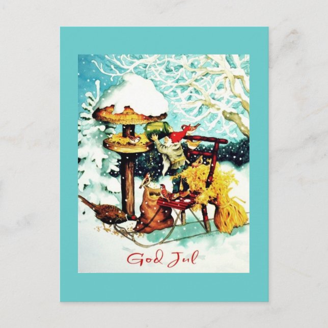 "Gott Jul!" Nisse Füttre kleine Vögel Postkarte (Vorderseite)