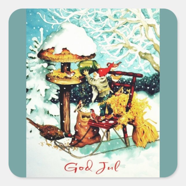 "Gott Jul!" Nisse Füttre kleine Vögel Quadratischer Aufkleber (Vorderseite)