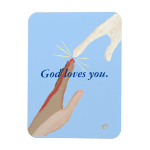 Gott Liebe dich, Hände erreichen Berührung, blauer Magnet