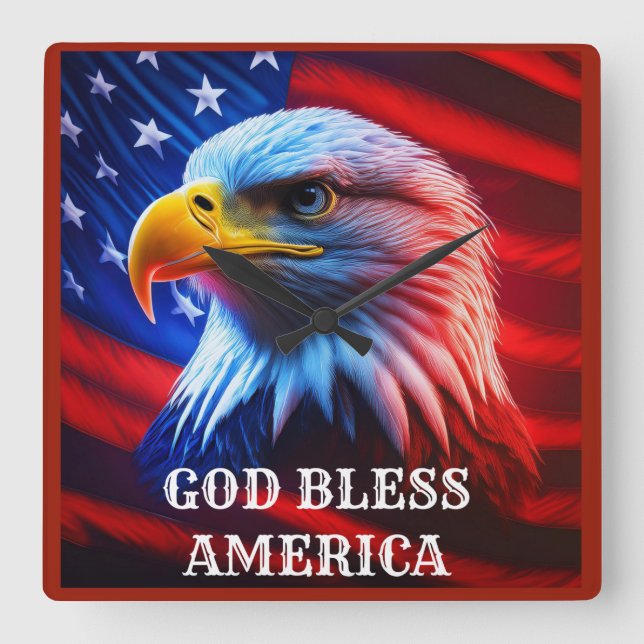 Gott segle Amerika US Flag Bald Eagle Quadratische Wanduhr (Vorderseite)