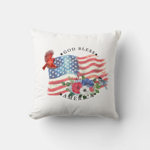 Gott segne Amerika Aquarell-Flagge/Blumen/Vögel 3 Kissen
