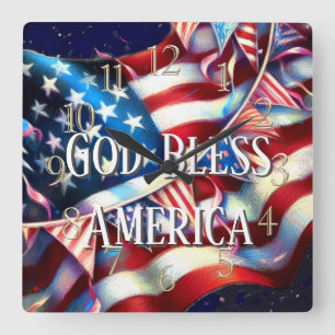 Gott segne Amerika Patriotic USA Flag Bunting Quadratische Wanduhr