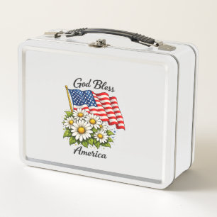 Gott segne Amerika USA-Flagge und Gänseblümchen Bl Metall Brotdose