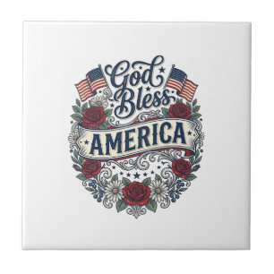 Gott segne Amerika Vintage Patriotisch Floral Fliese