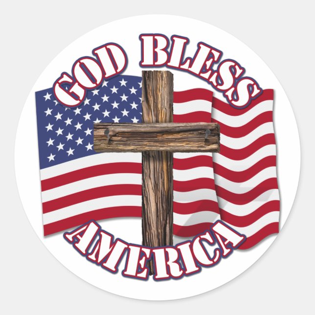 Gott segne Amerikaner mit USA Flag & Cross Runder Aufkleber (Vorderseite)
