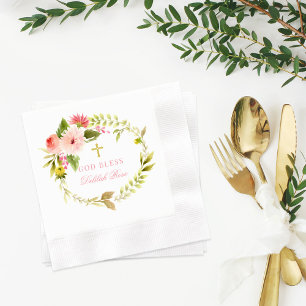 Gott segne den rosa goldenen Blumenkranz Taufe Serviette