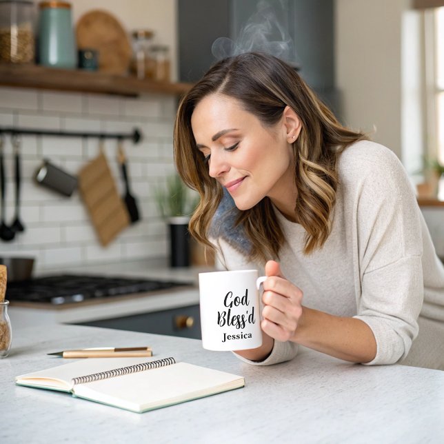 Gott segne inspirierende Phrase Weiße Typografie Kaffeetasse (Von Creator hochgeladen)