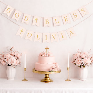 Gott segne Pink & Gold 6 Buchstaben Taufe Kommunio Wimpelkette