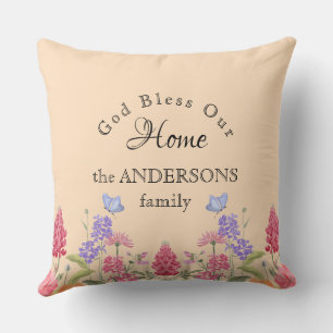 Gott segne unsere Zuhause Beige Wildblume Kissen