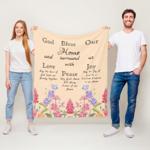 Gott segne unsere Zuhause Beige Wildblumen Fleecedecke
