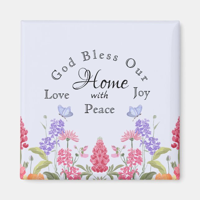 Gott segne unsere Zuhause Blue Floral Wildblumen Magnet (Vorne)
