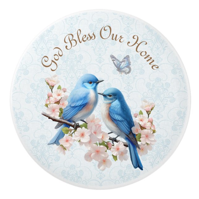 Gott segne unsere Zuhause Bluebird Floral Damask Keramikknauf (Vorderseite)
