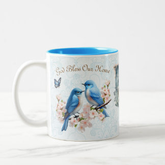 Gott segne unsere Zuhause Bluebird Floral Damask Zweifarbige Tasse
