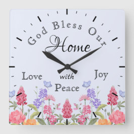 Gott segne unsere Zuhause Floral Wildblumen blau Quadratische Wanduhr