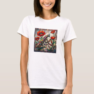 Gottesanbeterin Rote Mohn Glasmalerei Kunst Insekt T-Shirt